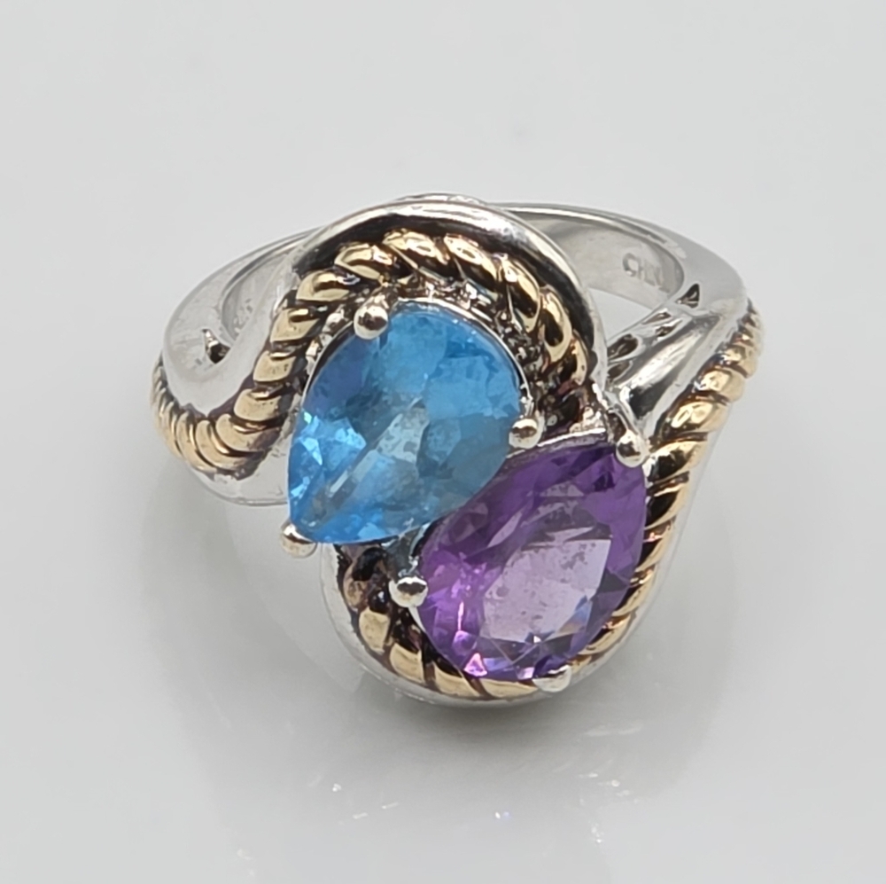Stunning and rare Estate Victoria Wieck Swiss Blue Topaz & Amethyst Ring